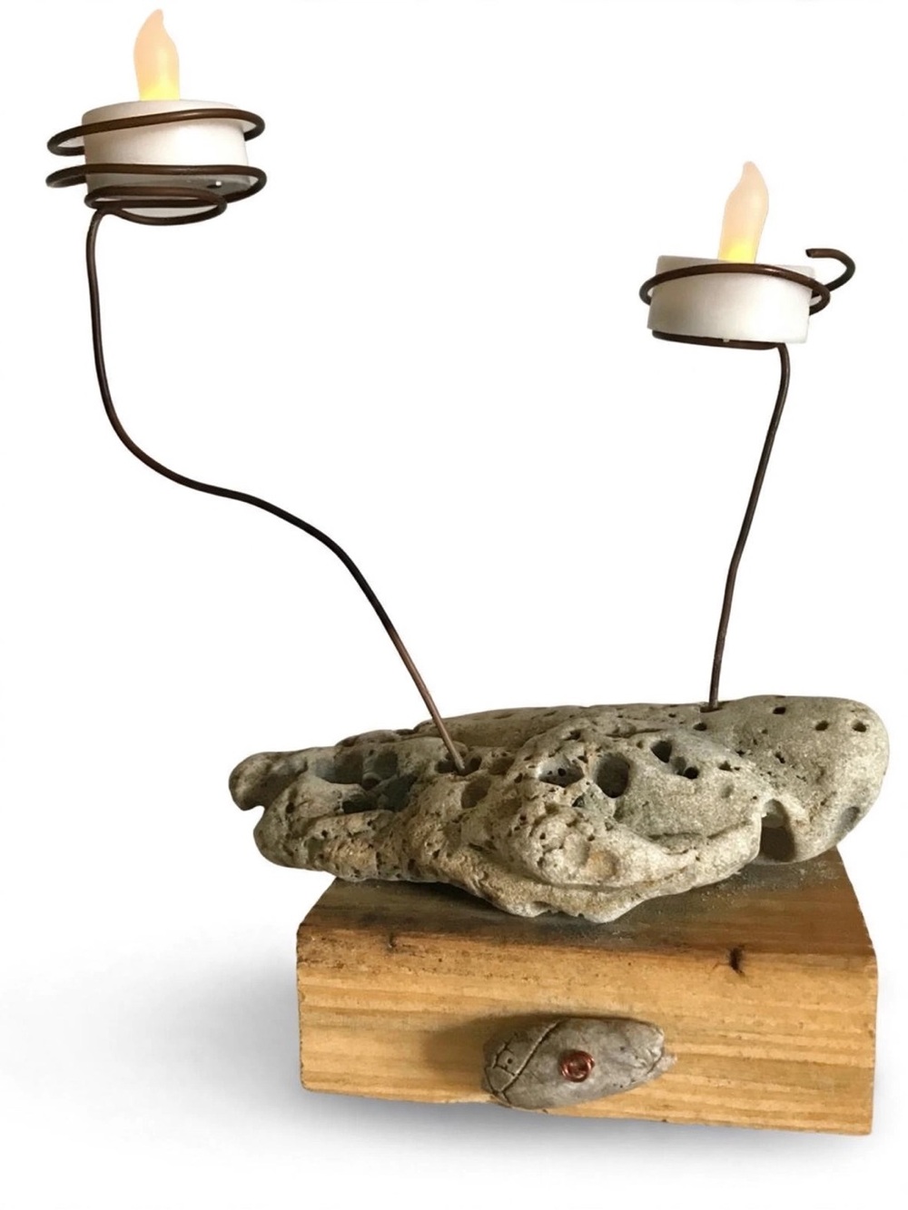 Unique candleholder. Wood base, copper wire, ocean coquina shell rock Florida